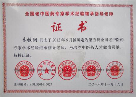 乔振纲教授名老中医证书